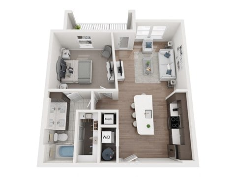 Floor plan for 1 bed, 1 bath, 717 sqft